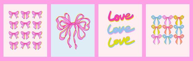 Coquette Love, Bows Print Set. Playful, feminine collection of girly Whimsical prints with pink ribbon bows and handwritten Love slogan in vibrant vintage risograph style. Retro aesthetics. vector