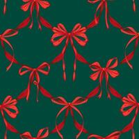 Christmas Ribbon Bows Lattice Seamless Pattern. Coquette Vintage and Christmas checkered pattern with green, red bows. Retro background for feminine project, wrapping paper, textile design vector