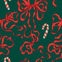 Coquette Christmas Red Ribbon Bows Seamless Pattern on green background. Hand-Drawn Soft and Feminine Rococo Print. Romantic, vintage Design. Perfect for Whimsical Christmas Background vector