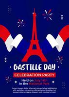 Bastille Day invitation poster template with flat illustration of Eiffel tower on red color and France flag with wavy design. Bastille Day celebration poster design vector