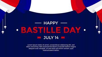 Happy Bastille Day greeting template with France flag as a curtain on dark blue horizontal background suitable for advertisement and promotion related to Bastille Day on July 14 vector