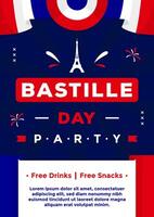 Bastille Day poster template with France flag color and an illustration of Eiffel tower on vertical dark blue background vector