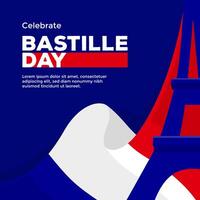 Celebrate Bastille Day social media post template with illustration of Eiffel tower and France flag with minimalist and flat design on dark blue background vector