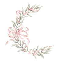 Pink dreams. Watercolor hand-drawn wreath of eucalyptus branches and pink ribbon. Template frame for design baby shower, birthday, girls's parties and nursery. vector
