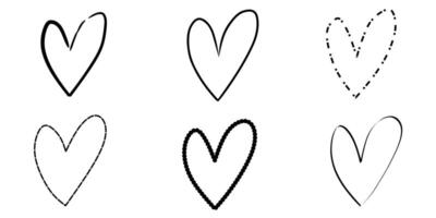 Set of six hand drawn heart designs with different outline styles on white background vector