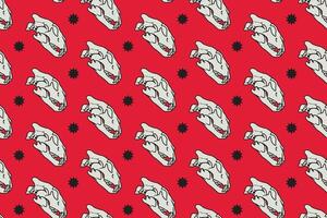 Tiger head skull side view with star pattern on red background. Predator saber skull bone with light colorful doodle isolated seamless pattern background for wildlife packaging and merchandise vector
