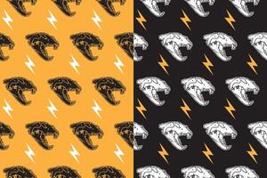 Tiger predator head skull with thunderbolt vintage seamless pattern on black yellow background. Tiger skull bone with lightning retro doodle isolated pattern background for wildlife merchandise vector