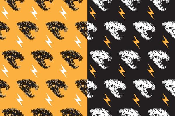Tiger predator head skull with thunderbolt vintage seamless pattern on black yellow background. Tiger skull bone with lightning retro doodle isolated pattern background for wildlife merchandise