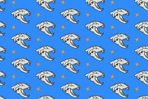 Saber head skull side view with fangs and light pattern on blue background. Tiger predator skull bone with light colorful doodle isolated seamless pattern background for wildlife merchandise vector