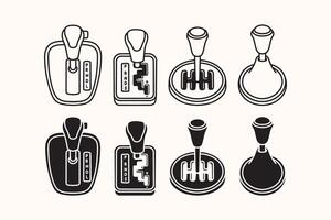 car gear shifter icons in outline and silhouette style. automotive transmission part symbol set. manual and automatic clutch knob illustration pack vector