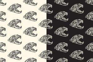 Saber predator head skull side view line art engraving seamless pattern on black white background. Tiger skull bone hatching doodle pattern background for wildlife packaging and merchandise vector