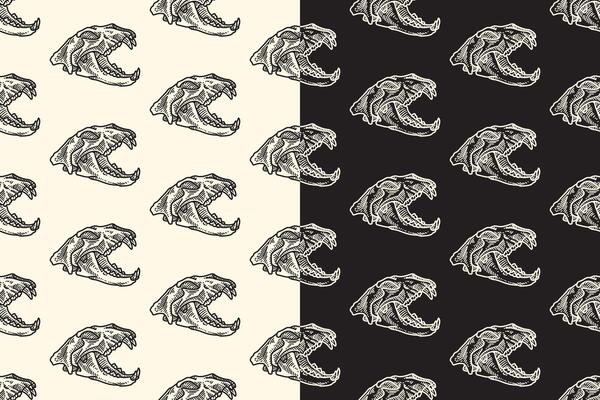 Saber predator head skull side view line art engraving seamless pattern on black white background. Tiger skull bone hatching doodle pattern background for wildlife packaging and merchandise