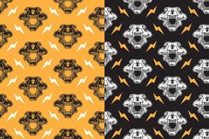 Tiger head skull with thunderbolt rustic seamless pattern on black yellow background. Saber predator skull bone with lightning retro doodle isolated pattern background for wildlife merchandise vector