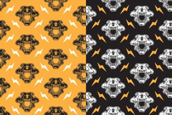 Tiger head skull with thunderbolt rustic seamless pattern on black yellow background. Saber predator skull bone with lightning retro doodle isolated pattern background for wildlife merchandise
