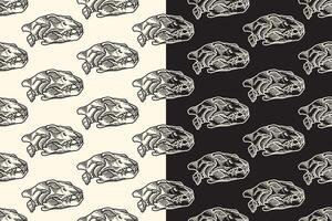 Tiger predator head skull side view line art engraving seamless pattern on black white background. Saber skull bone hatching doodle pattern background for wildlife packaging and merchandise vector