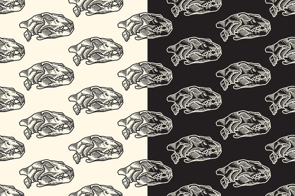 Tiger predator head skull side view line art engraving seamless pattern on black white background. Saber skull bone hatching doodle pattern background for wildlife packaging and merchandise