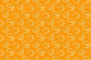cheese wheels and cheese slice seamless pattern in engraving style on yellow background. vintage dairy food texture on yellow background. hatching cheese pattern motif for packaging and textile vector