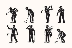 golf player poses icon set in silhouette style. golfer activity elements for sports design. flat black golfing figures in various actions like swinging, putting, preparing, and celebrating vector