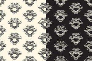 Tiger head skull front view line art engraving seamless pattern on black white background. Saber predator skull bone hatching doodle pattern background for wildlife packaging and merchandise vector