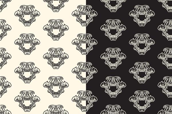 Tiger head skull front view line art engraving seamless pattern on black white background. Saber predator skull bone hatching doodle pattern background for wildlife packaging and merchandise