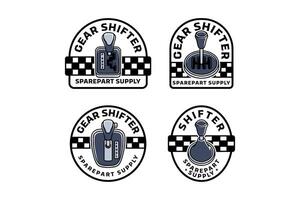 gear shifter colorful illustration badge logo in bold style. automotive spare parts emblem set. clutch knob car part label for garage branding. includes manual and automatic transmission levers vector