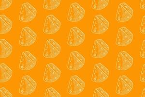 cheese slice seamless pattern in engraving style on yellow background. dairy product hatching line motif wallpaper. cheese wedges background for dairy branding, packaging, textiles, culinary prints. vector