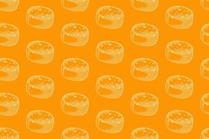 cheese wheel seamless pattern in engraving style on yellow background. dairy product hatching line motif wallpaper. cheese food background for dairy branding, packaging, textiles, culinary prints. vector