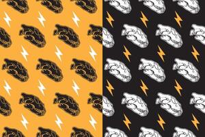 Saber head skull with thunderbolt rustic seamless pattern on black yellow background. Tiger predator skull bone with lightning retro doodle isolated pattern background for wildlife merchandise vector