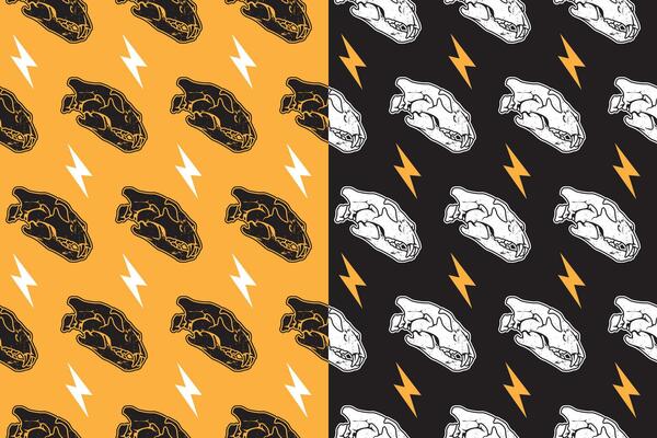 Saber head skull with thunderbolt rustic seamless pattern on black yellow background. Tiger predator skull bone with lightning retro doodle isolated pattern background for wildlife merchandise