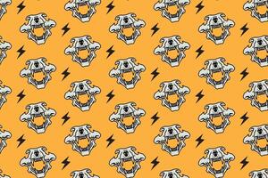 Tiger head skull with thunderbolt pattern on yellow background. Predator skull bone with lightning colorful doodle isolated seamless pattern background for wildlife packaging and merchandise vector