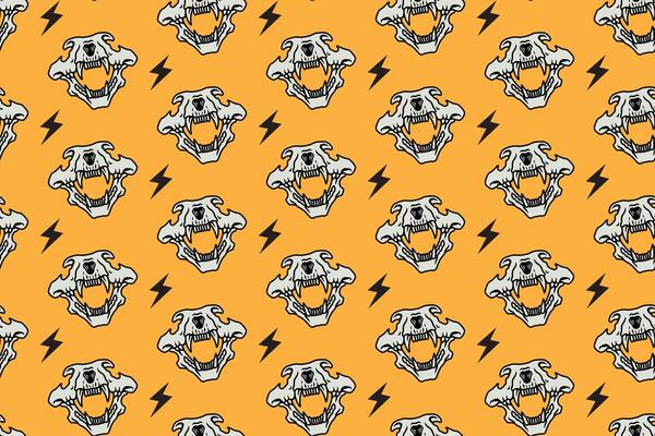 Tiger head skull with thunderbolt pattern on yellow background. Predator skull bone with lightning colorful doodle isolated seamless pattern background for wildlife packaging and merchandise