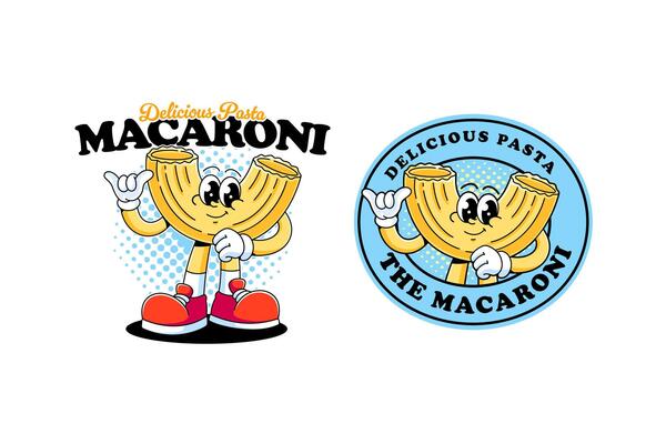 macaroni mascot character designs in retro cartoon style, including a full-body pasta character and a badge emblem. Ideal for food branding and merchandise. illustration