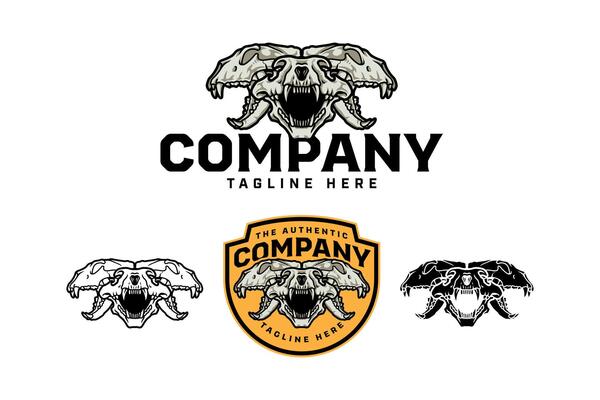 Tiger head skull with front and side view badge logo design set for wildlife, adventure, hunter. Wild tiger cranium vintage illustration emblem logo collection with colorful, outline and glyph