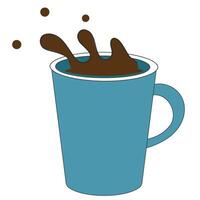 Blue coffee mug with brown splash and drops on white background in flat minimal breakfast drink style vector