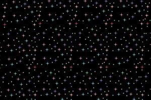 Seamless pattern of colorful glowing stars on black background for festive, magical or cosmic designs vector