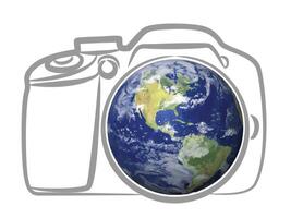 Camera symbol with a globe. vector