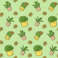 Seamless pattern with hand drawn potted succulents and cacti on green background. Botanical decor and plant lover concept in cheerful cartoon style vector