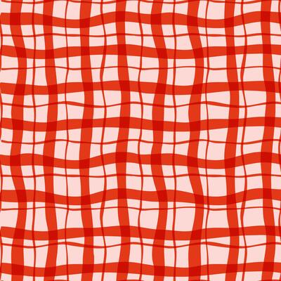 Seamless red checkered pattern with wavy lines on a soft pink background. Represents textile design, picnic cloth style, and retro geometric aesthetics