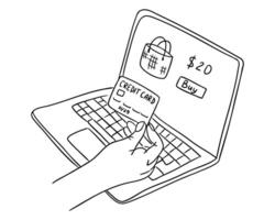 Hand holding credit card in front of laptop screen with online shopping interface drawn in black outline. Concept of e-commerce, digital transaction and internet payment vector