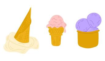 Set of three colorful ice cream treats in cup and cone styles in flat design. Conveys summer fun, dessert variety, and sweet indulgence vector