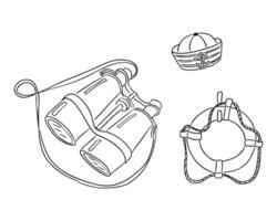 Binoculars, sailor hat and lifebuoy drawn in simple black lines on white background. Concept of nautical adventure, marine exploration and sea travel tools vector