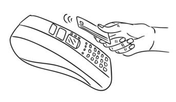 Hand holding a credit card near a terminal for wireless payment in line art style. Illustrates modern technology, contactless transaction, and cashless economy vector
