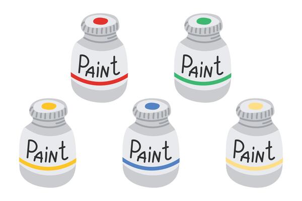 Set of colorful hand drawn paint jars in primary and secondary colors. Concept of creative art supplies, color mixing and artistic expression