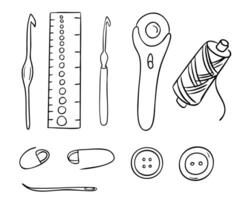 Set of hand drawn sewing tools including crochet hooks, thread, buttons, and measuring ruler. Represents crafting, textile work, and handmade creativity in fashion and DIY projects vector