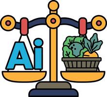 A scale with the letters AI on one side and a basket of vegetables on the other vector
