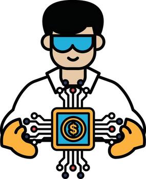 A man in a lab coat holding a computer chip with a dollar sign on it vector
