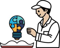 A man is standing in front of a puzzle with a light bulb on it vector