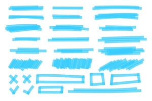 Set of blue highlight marker lines, frames, cross and checkmark signs. Different hand-drawn pen or brush underlines for important text selection isolated on white background. illustration vector