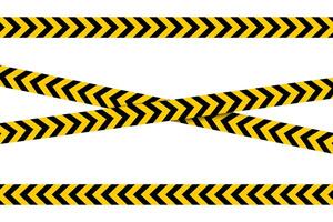 Horizontal and crossed caution tapes with black and yellow chevron print. Warn borders in construction work zone or criminal scene. Hazard, risk, emergency or stop signs. flat illustration vector