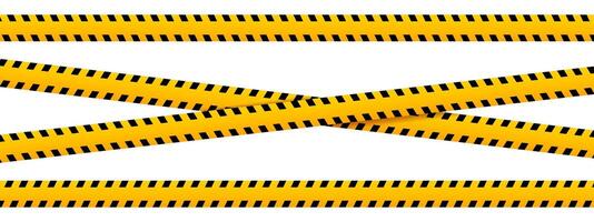 Set of horizontal and crossed caution tapes with attention black and yellow print. Safety borders for barriers in construction work zone or emergency area. Warning stripes. flat illustration vector